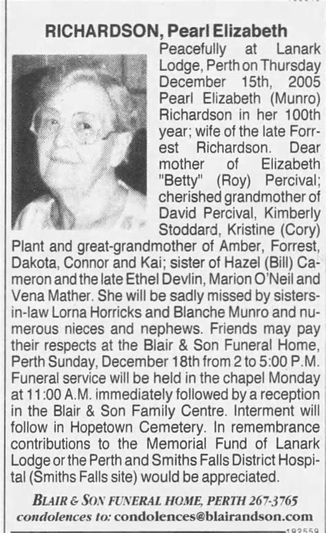 Obituary For Pearl Elizabeth Richardson Aged 100 ™