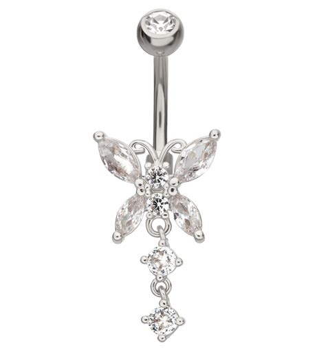 Fluttering Butterfly Clear Cz Dangle Stainless Steel Belly Button Ring