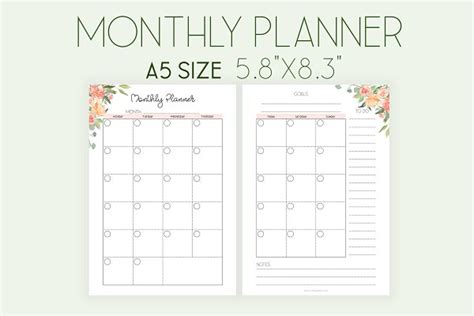 Monthly Planner A5 Printable Pdf Creative Templates Creative Market