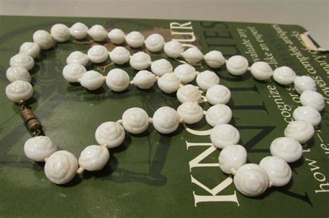 Vintage White Milk Glass Molded Bead Necklace Knotted Antique