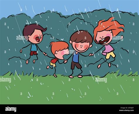 Niños Felices Jugando En El Día Lluvioso Primavera Vector De