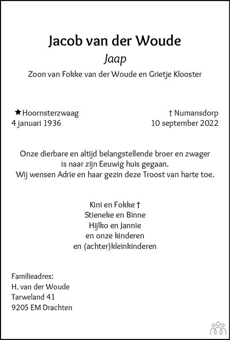 Jacob Jaap Van Der Woude 10 09 2022 Overlijdensbericht En