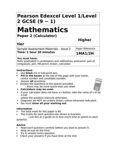 Pearson Edexcel Level 1level 2 Gcse 9 − 1mathematics Paper 2