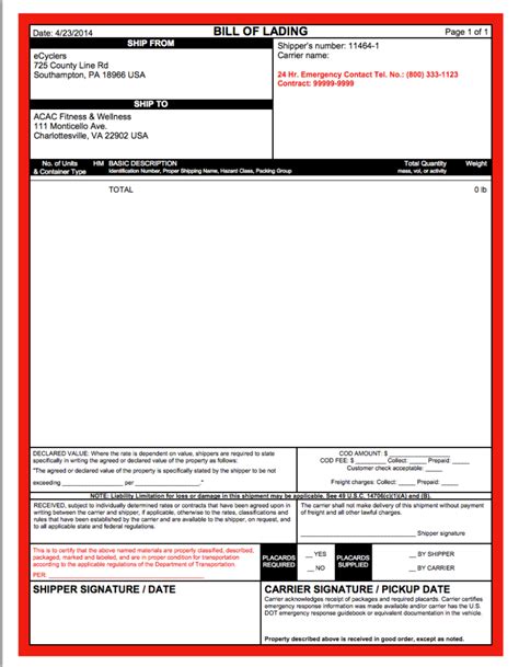 Bill Of Lading For Hazardous Materials Finale Inventory