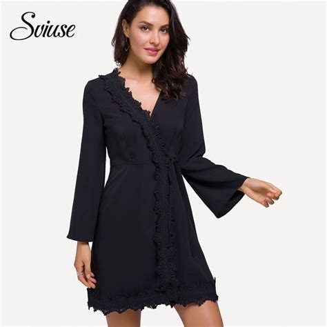 Women Autumn Black Wrap Dresses Female V Neck Lace Belt Long Sleeve