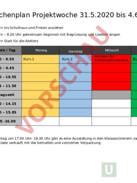 Arbeitsblatt Wochenplan Projektwoche Administration Methodik