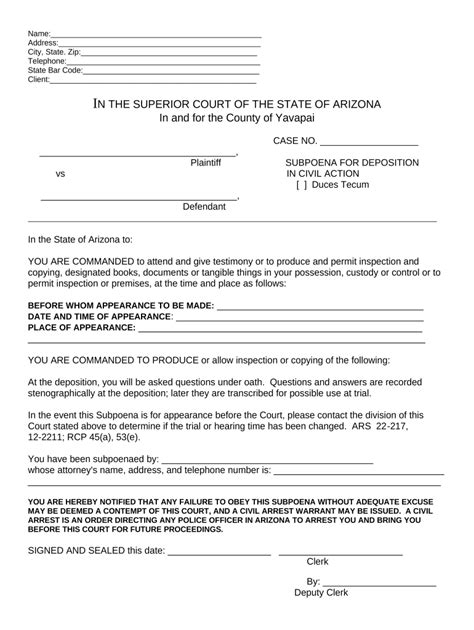 Arizona Subpoena Doc Template PdfFiller