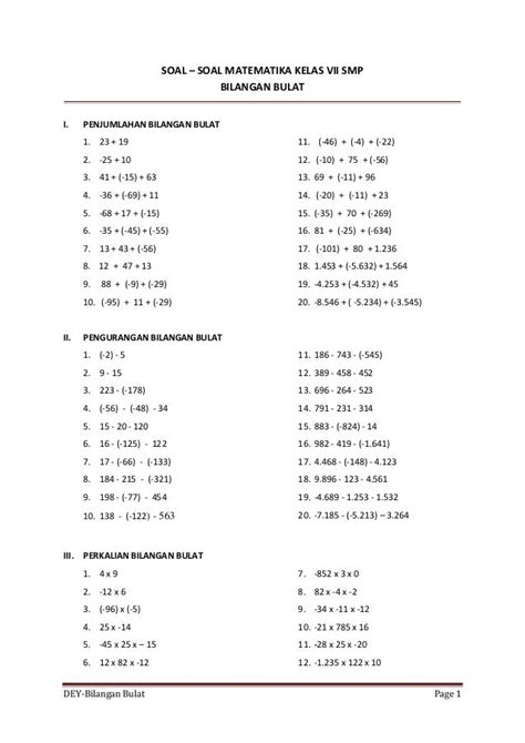 Soal Bilangan Bulat Kelas 6 Perkalian Riset