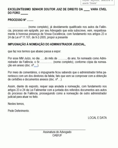 Modelo de Petição Impugnação a Nomeação do Administrador Judicial