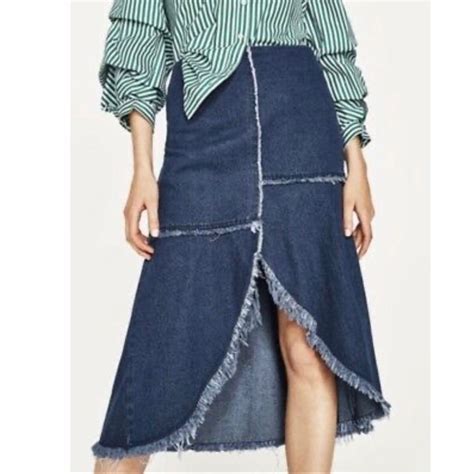 Zara Woman Denim Midi Skirt High Low Flare Frayed Gem