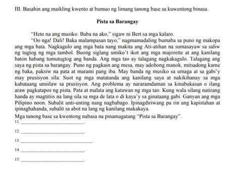 Basahin Ang Maikling Kwento At Bumuo Ng Limang Tanong Base Sa Kuwentong