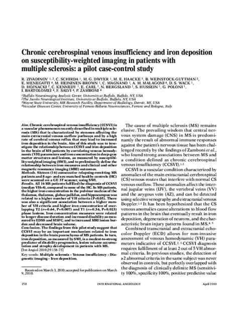 Pdf Chronic Cerebrospinal Venous Insufficiency And Multiple Sclerosis