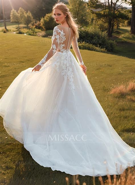 Long Sleeves Ball Gown Lace Wedding Dresses With Romantic Tulle Missacc
