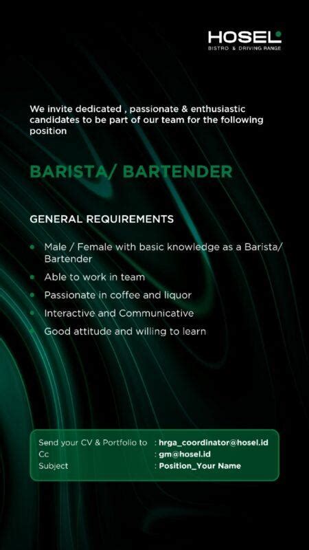 Lowongan Kerja Barista Bartender Head Chef Assistant Head Chef