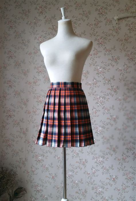 Orange Plaid Skirt High Waisted Full Pleated Plaid Skirt School Skirt