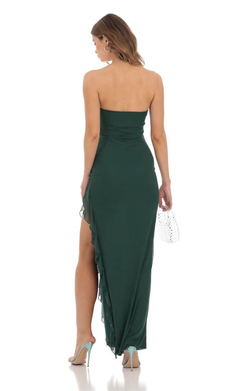 Mesh Ruffle Slit Dress In Green LUCY IN THE SKY