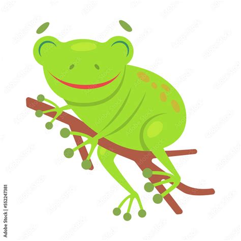 Cute Frog Sitting On A Branch Cartoon Illustration Funny Green