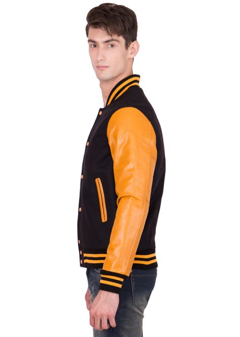 Light Gold Leather Sleeves And Black Wool Body Varsity Jacket Men Caliber Apparels