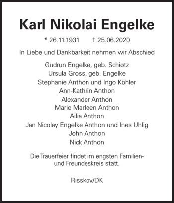 Traueranzeigen Von Karl Nikolai Engelke Sh Z Trauer