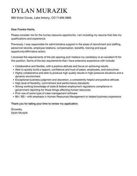 Human Resource Cover Letter Velvet Jobs