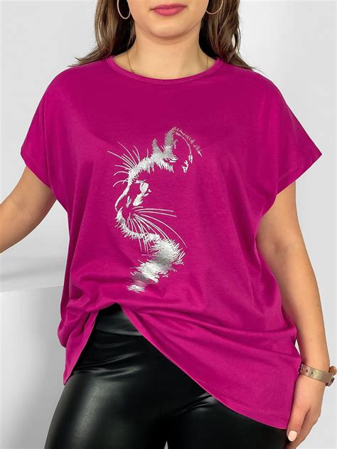 Nietoperz T Shirt Damski Plus Size W Kolorze Magenta Srebrny Print