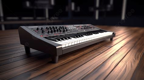 Dark Studio Rendering Of Electronic Keyboard Synthesizer On The Floor