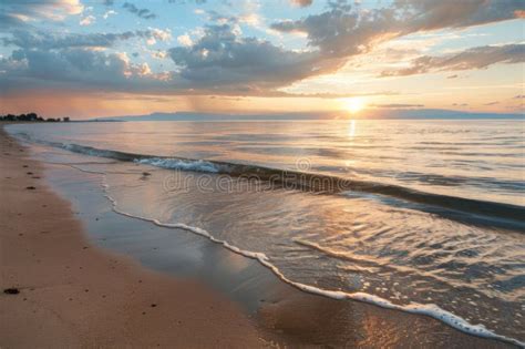 Golden Sunrise Reflecting On Gentle Ocean Waves And Sandy Beach Stock