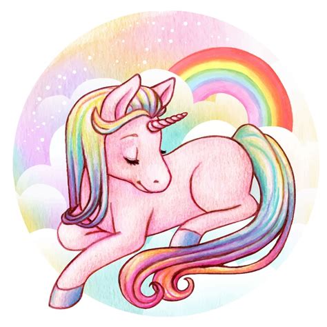 Lindo Unicornio Arcoiris Acuarela Vector Premium