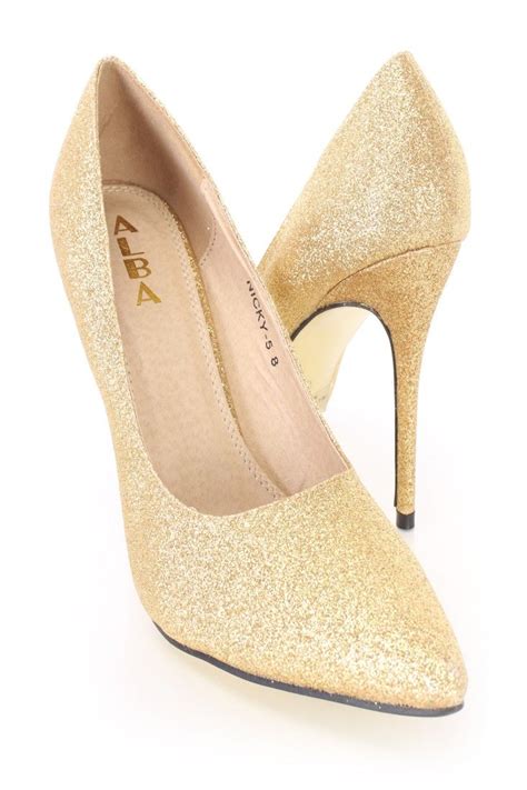 Gold Pointed Toe Single Sole Pump Heels Glitter Pumps Heels Gold