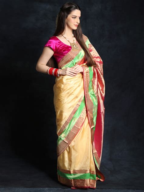 Colorblocked Tri-Color Pure Silk Kanchipuram Saree | Exotic India Art