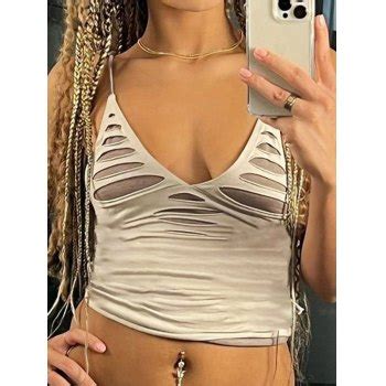 Emmiol Free Shipping 2023 Slash Detail Lace Up Crop Cami Top Khaki M In