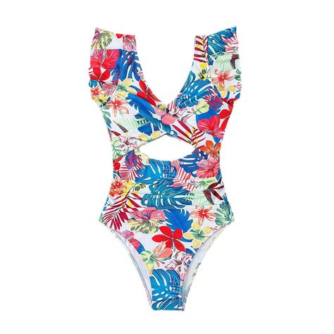 Quyuon Bikini Sets For Women Floral Print Ruffle Swimsuit One Piece