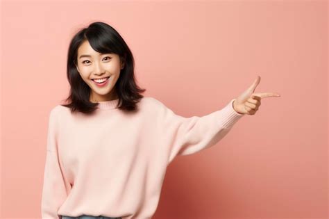 Premium Ai Image Smiling Asian Brunette Woman In Sunglasses Pointing