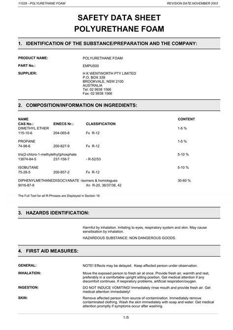 Safety Data Sheet Polyurethane Foam Wes Components