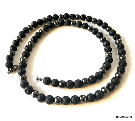 Collier En Pierre De Lave Volcanique Et Hematite Homme Ninanina