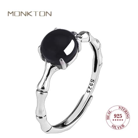 Monkton New In 925 Sterling Silver Black Agate Rings For Women Vintage