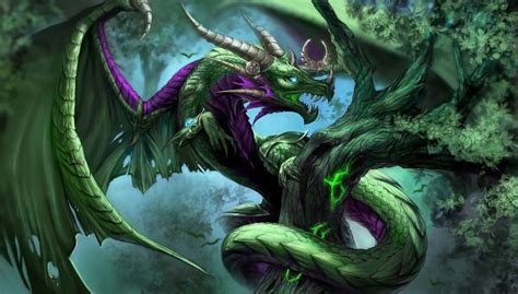 A Green And Purple Dragon Sitting On Top Of A Tree