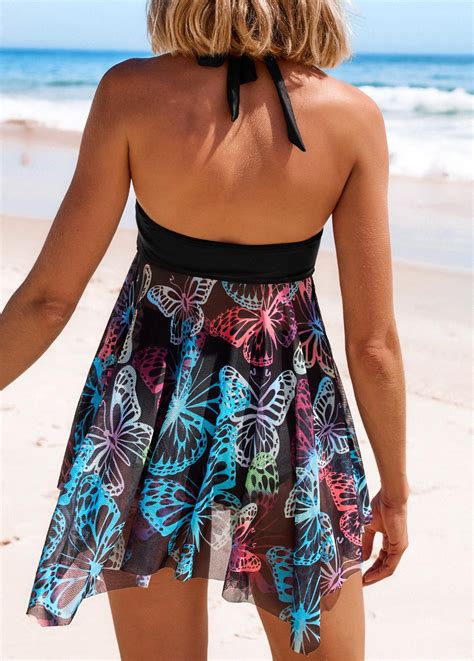 Mid Waisted Butterfly Print Patchwork Blue Swimdress And Panty Rosewe