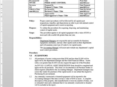 Fixed Asset Policy Template Fixed Asset Control Procedure Williamson