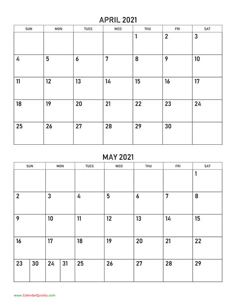 April and May 2021 Calendar | Calendar Quickly