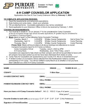 Fillable Online Extension Purdue 4 H CAMP COUNSELOR APPLICATION Fax