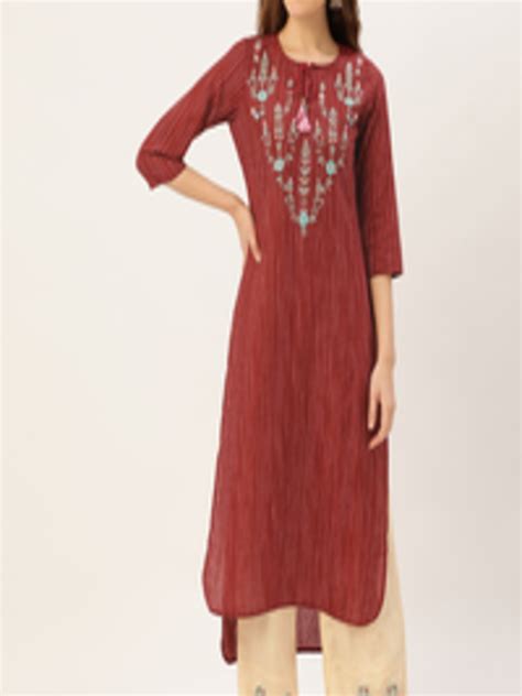 Buy Jaipur Kurti Women Maroon And Cream Coloured Striped Kurta With