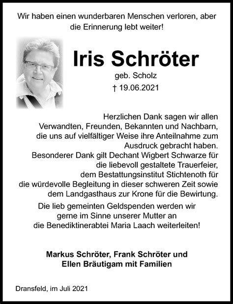 Traueranzeigen Von Iris Schr Ter Trauer Anzeigen De