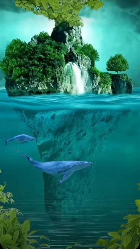 Two Dolphins Swimming In The Ocean Next To An Island With Waterfall And