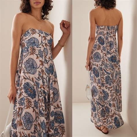 Zimmermann Vitali Bandeau Strapless Blue Floral Linen Midi Dress Women