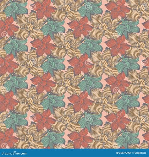 Seamless Pattern Red Blue Yellow Color Huge Flower Vector Illustration