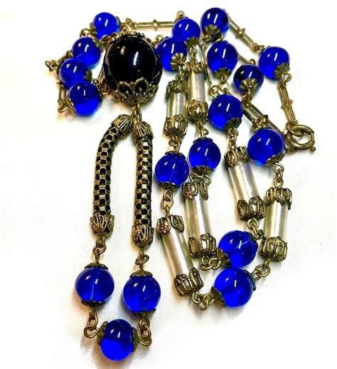 1920s Art Deco Long Cobalt Blue Glass Bead Necklace Gem