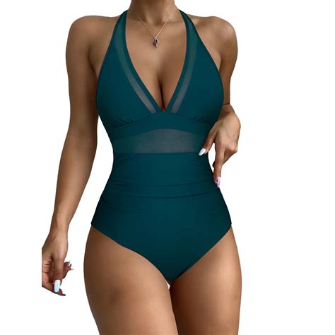 Amidoa Women Tummy Control Swimsuit Halter Cutout Solid Monokini