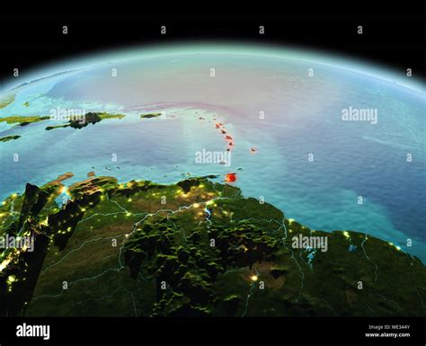 Morning Above Caribbean Highlighted In Red On Model Of Planet Earth In