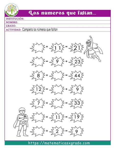 Escribe el número que falta en cada suma para primer grado